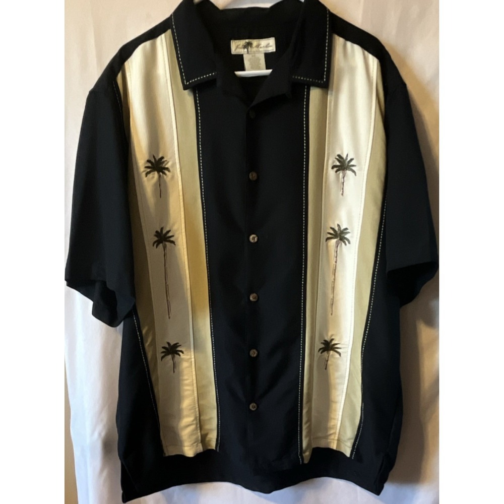 Joe Marlin Men's XXL Short Sleeve Black Palm Tree Embroidered Button-Up Shirt
